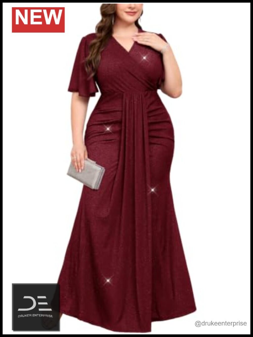 Plus Size Sparkly Maxi Formal Evening Dress Ruffle Sleeve Mermaid Wedding Guest